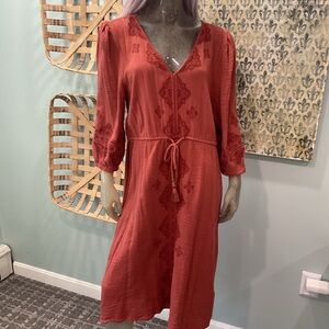 Lucky Brand Terracotta Embroidered Midi Dress